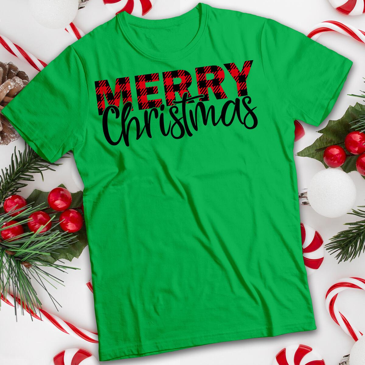 

Мужская и женская красная клетчатая футболка с надписью Merry Christmas #MC S
