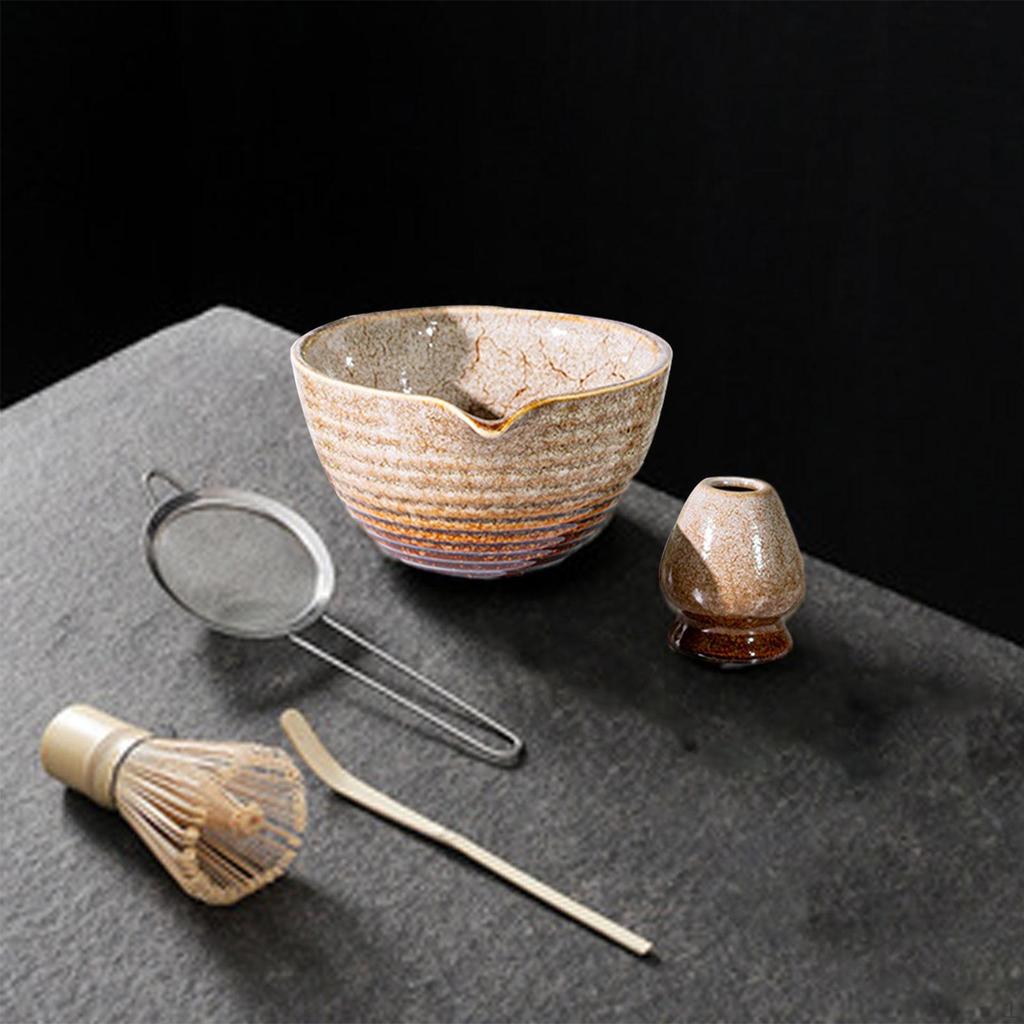 5-teiliges Matcha-Set: Schale mit Ausguss, handgefertigter Schneebesenhalter, japanisches Set