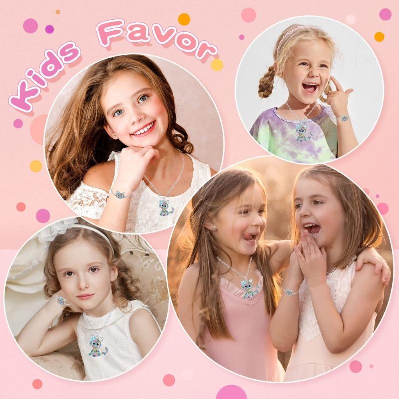 Cat Jewelry Set for Girls Necklace Bracelet Ring Stud Earring Sets for Kids Rainbow Rhinestones Jewelry for Women Girls