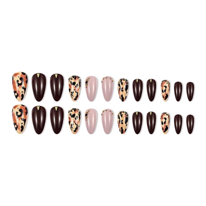 24Pcs Leopard Print Press On Nail Short Almond False Nail Glossy Artificial Nail Full Cover Stick Onsfor Women and Girls