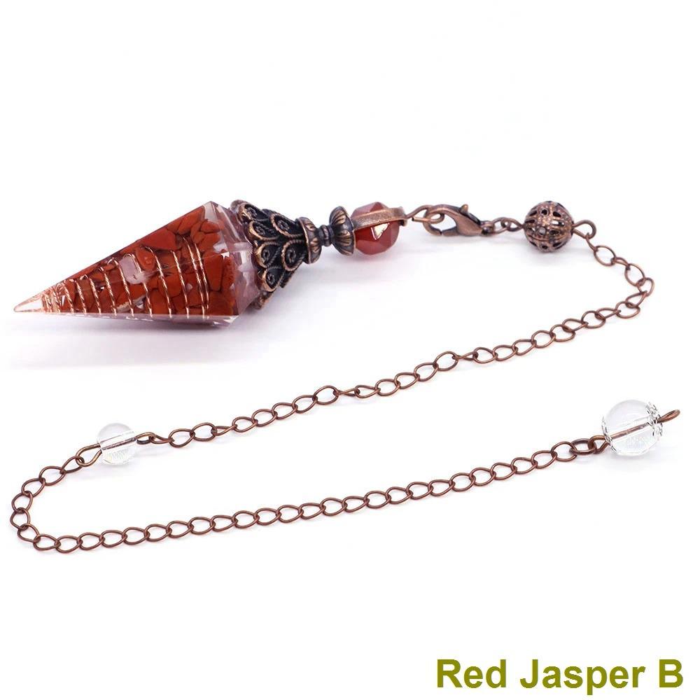 Antique Silver Seven Chakra Crystal Pendulum with Semi-Precious Chips and Resin Hexagonal Cone Pendant