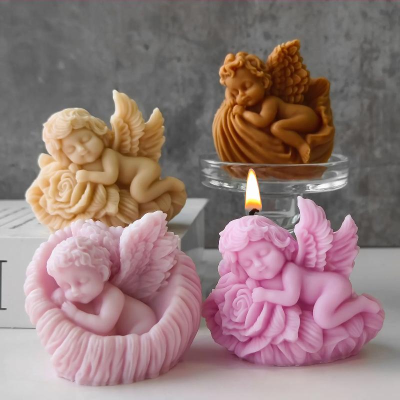 Baby Angel Aromatherapy Candle Silicone Mold, 3D Cute DIY, Rose Flower Wings, Boy Angel Plaster, Resin Gypsum Decoration Mold