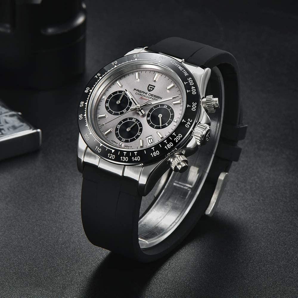 Pagani Design Men's Wristwatch PD-1664 Silver Japan-made Quartz Movement Daytona Chronograph Waterproof Ceramic Bezel Dress Watch Stainless Steel Band