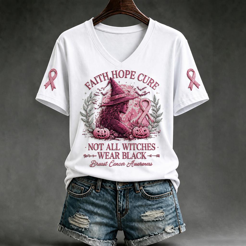 Women's Casual V-Neck Short Sleeve T-Shirt with Halloween Print and Shoulder