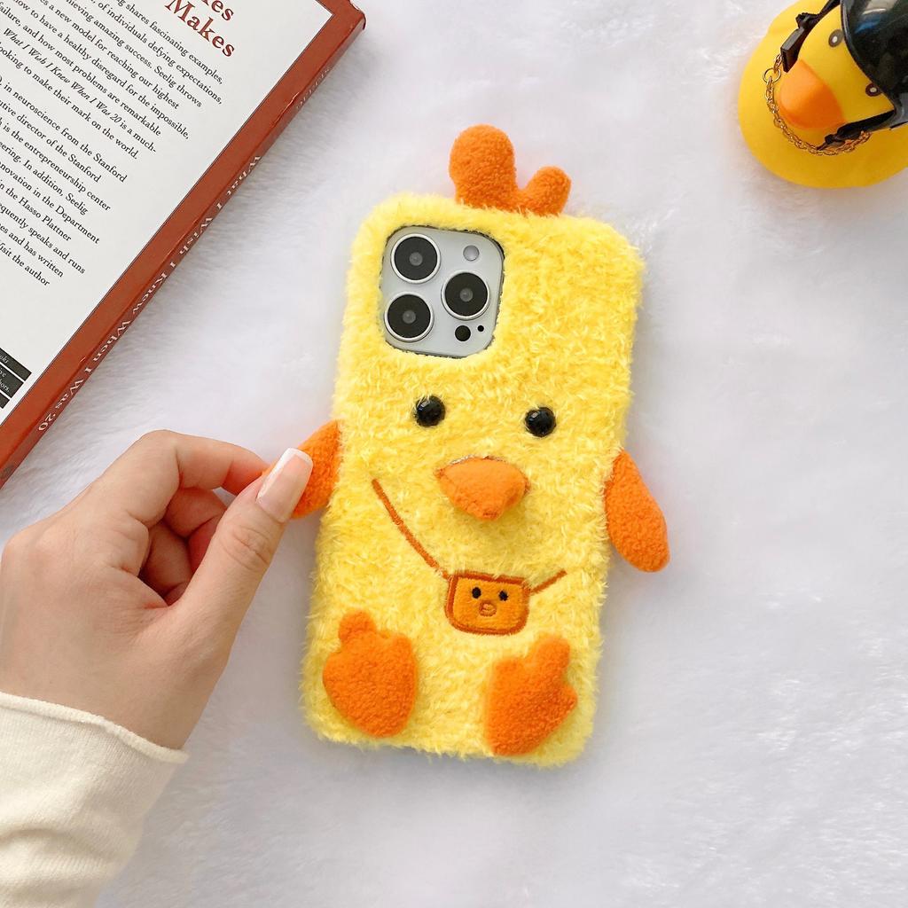 Cute backpack chick for Apple 14 mobile phone case plush iPhone13Pro autumn and winter xsmax warm 12 case