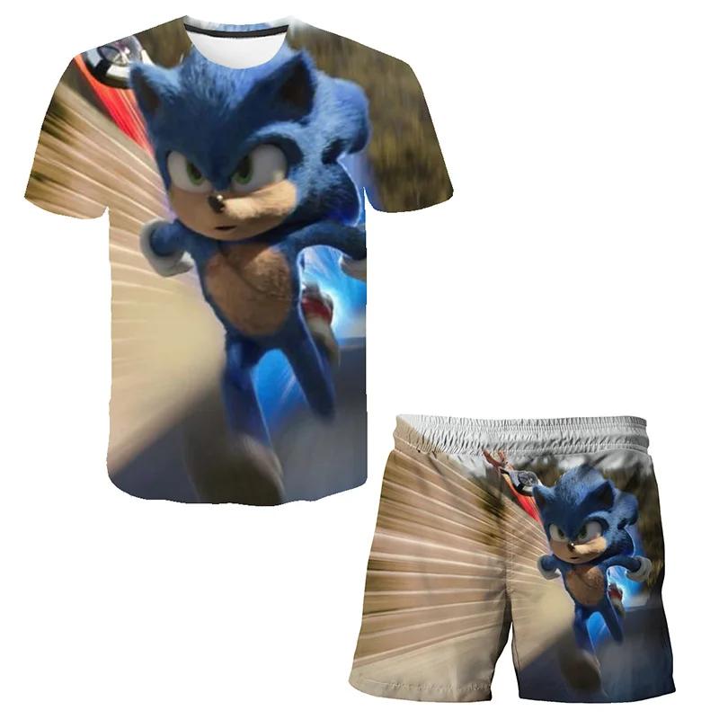 2025 MINISO New boys and girls super sonic Tshirts+shorts  Harajuku Sonic print suit T-shirt + shorts fashion street style children's short sleeves
