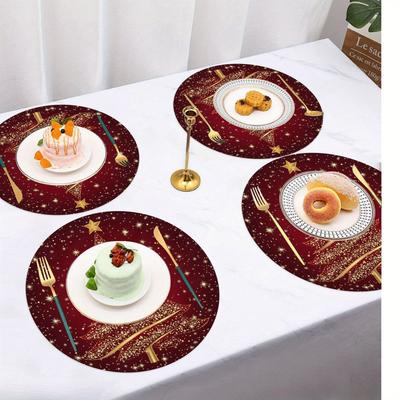 4 Stück Goldener Weihnachtsbaum Rot Runde Tischsets Set, Weihnachten Stern Tischmatten Platzsets 38,1 cm für Party Küche Esszimmer Dekoration