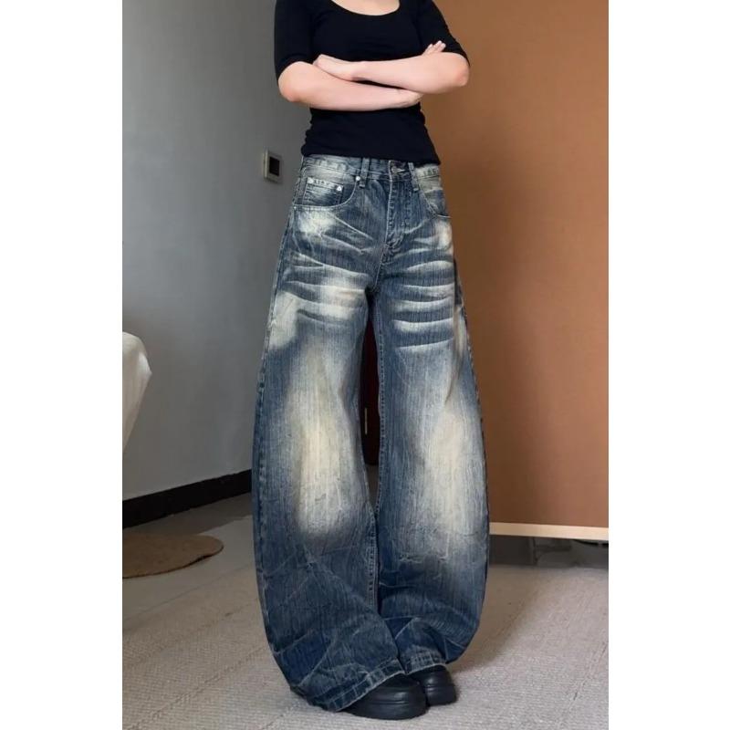 American Distressed High Street Washed Scimitar Jeans Women's Autumn New Loose High Waisted Wide Leg Floor-Mopping Trousers