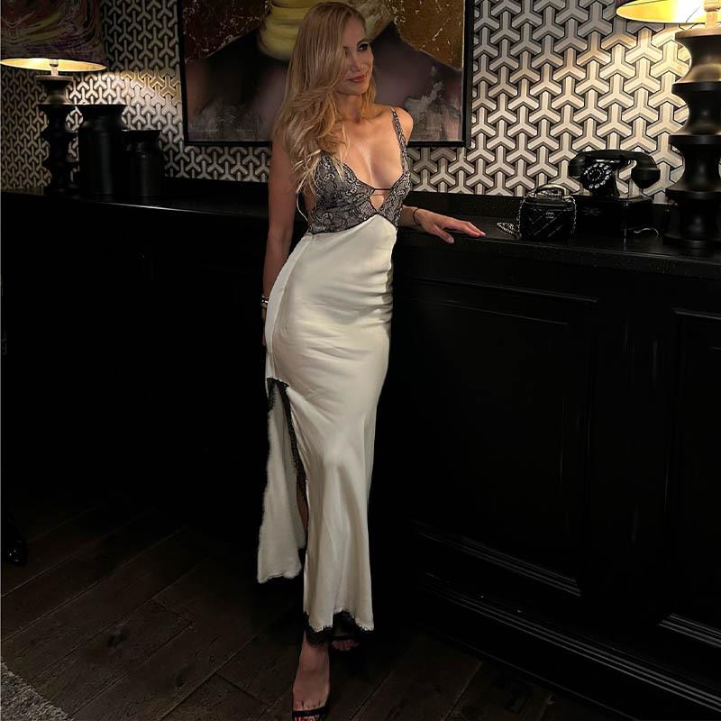 

Sexy women s lace splicing V-neck suspender, pure desire, big halter, high split hip wrap dress, long style. S абрикосовый