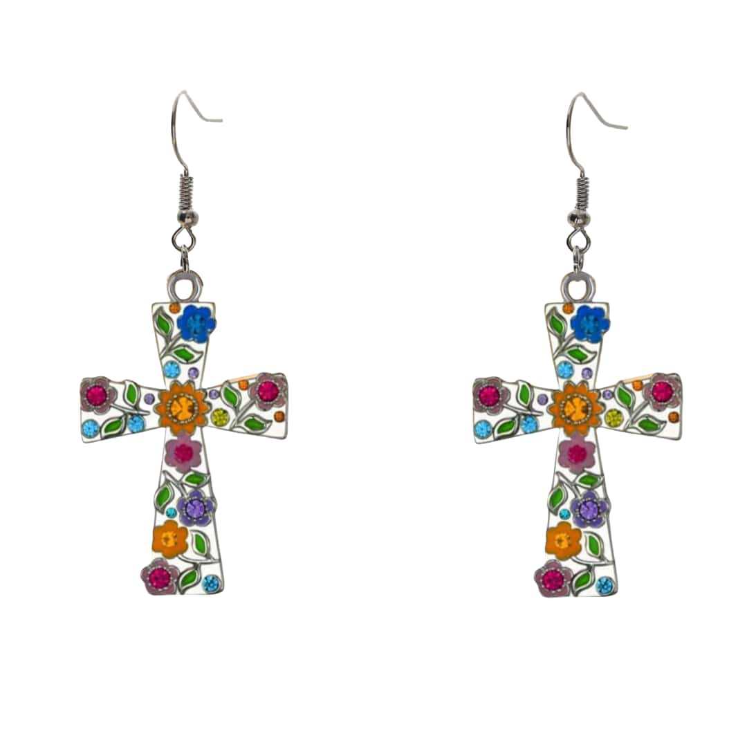 

Romantic Fashion Dopamine Colorful Zircon Flower Cross Pendant Dangle Earrings for Women Creative Retro Jewelry Accessories Gift