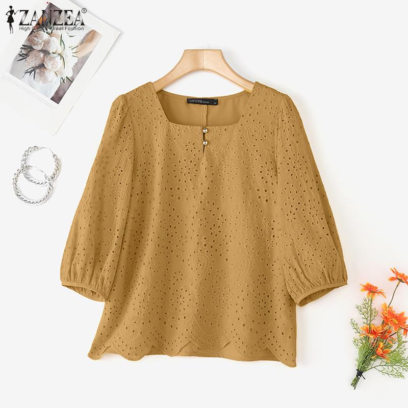 ZANZEA Women Casual Square Neck Loose 3/4 Sleeve Patchwork Crochet Blouse