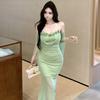 New Green Fairy Suspender Flower Dress Small Man Sexy Temperament Chic Fishtail Hip Skirt Woman