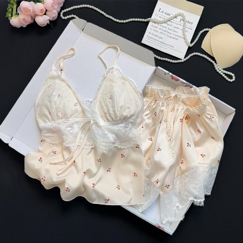 Elegant Women's Ice Silk Pajama Set: Camisole, Long Sleeve, Long Pants - Four-Piece for Spring, Summer, and Autumn