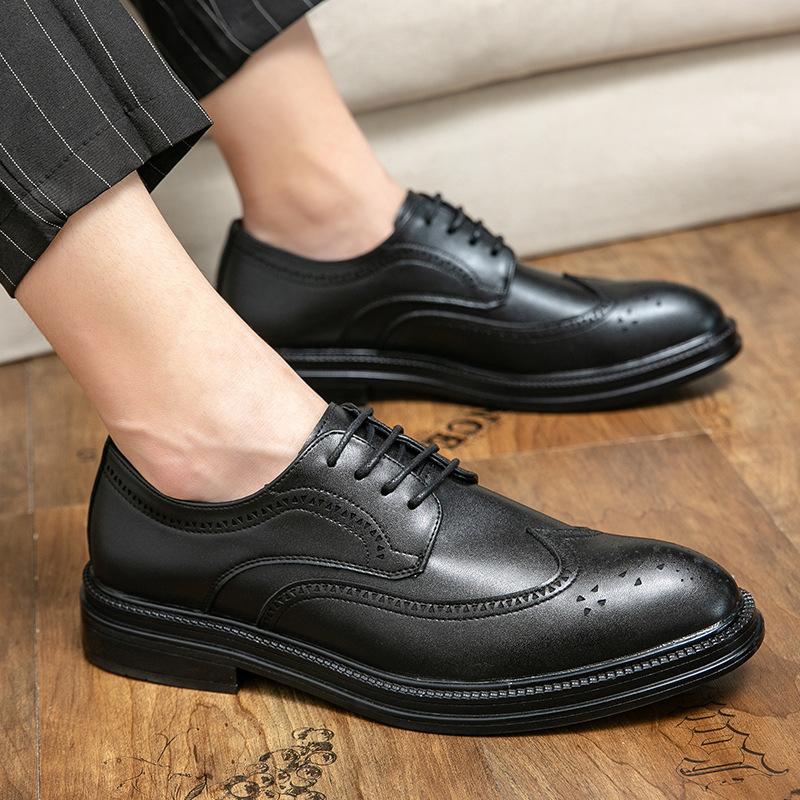 22 cheap black business dress leather shoes casual British style block carved groom wedding shoes