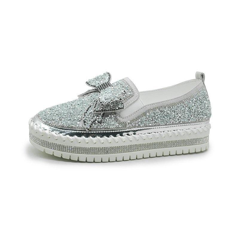 Pink Women Shining Rhinestone Loafers Bowknot Slip -On Thick Botton Casual Ladies Crystal Shoes Female Platform Shoes