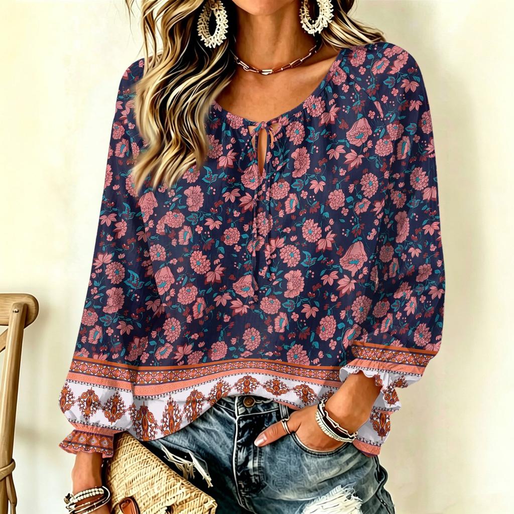 Damen Vintage Blumenmuster Halsschleife Vorne Langarm Rüschen Pullover Top