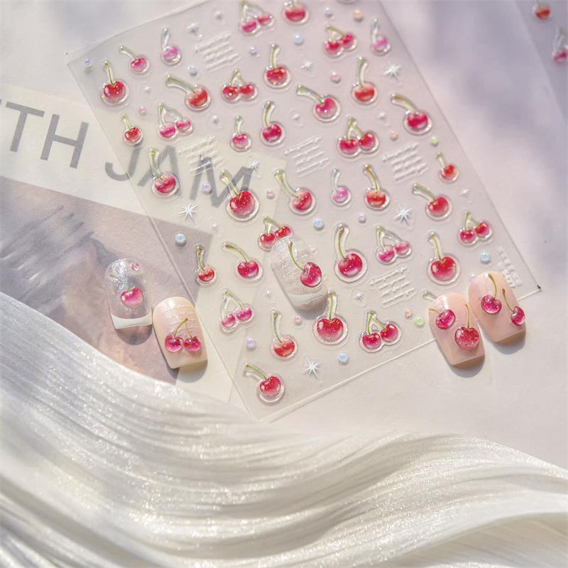 Süßer Gelee Rote Kirsche Nagelkunst Aufkleber Prägung Mädchen Frauen Selbstklebend Nagelaufkleber Neujahr Weihnachten Maniküre Abziehbilder Geschenk