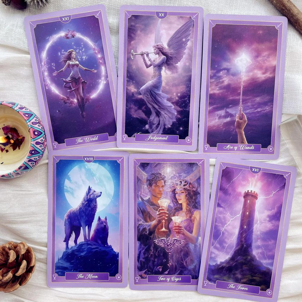 2025 Fantasy Tarot Deck 78 Cards 12x7cm Beginner Rider Waite Premium Quality Double Copper Paper Original Purple Themed Design