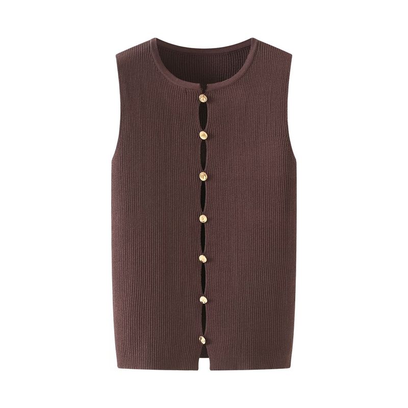Kaslead New Women Clothes Western Style Fashion Round Neck Sleeveless Metal Button Knitted Slim Fit Vest