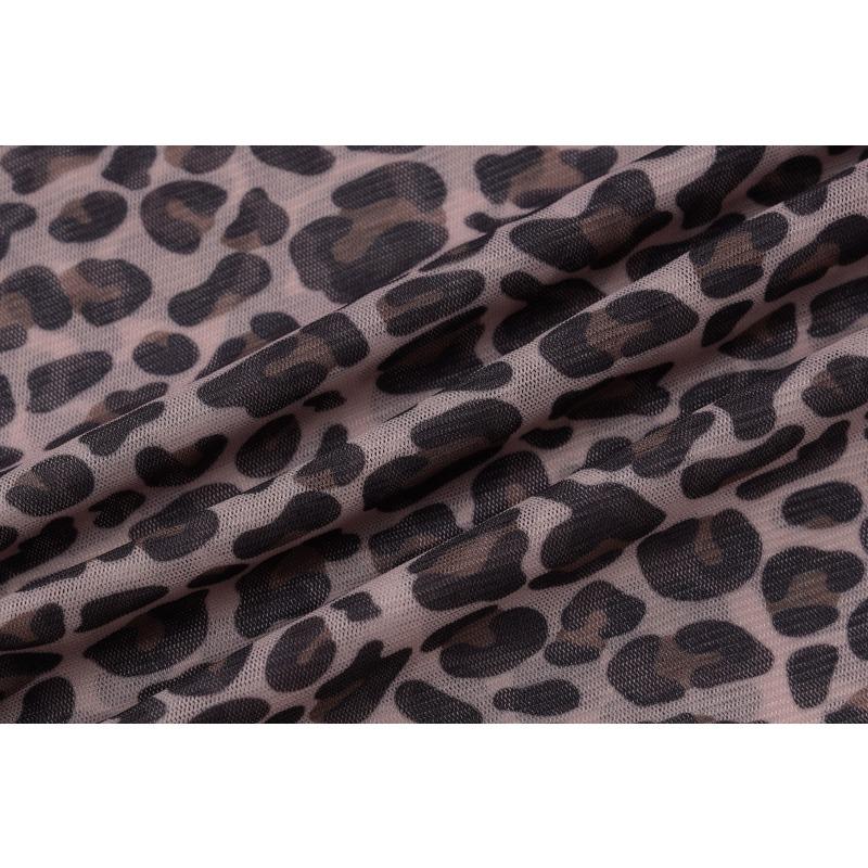 Sexy European Style Women Leopard Print Mesh See Through Long Sleeve Crew Neck T Shirt Top