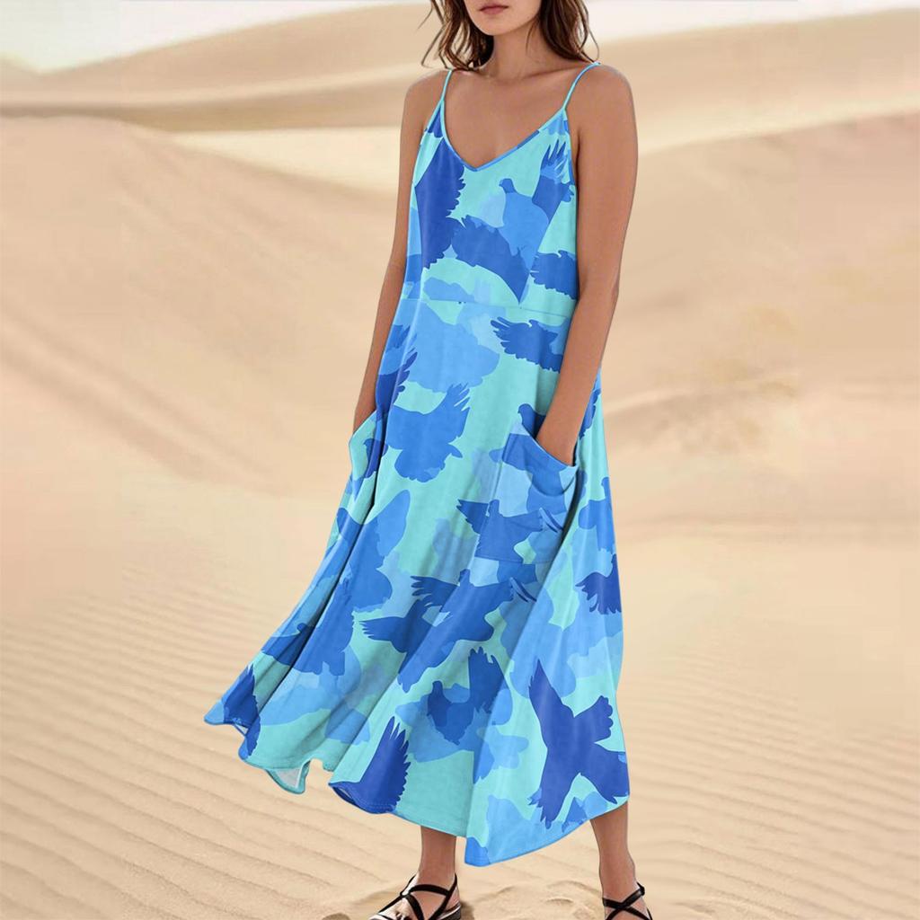 Women's Fashion Casual Floral Print Sleeveless Pocket Long Beach Dress
