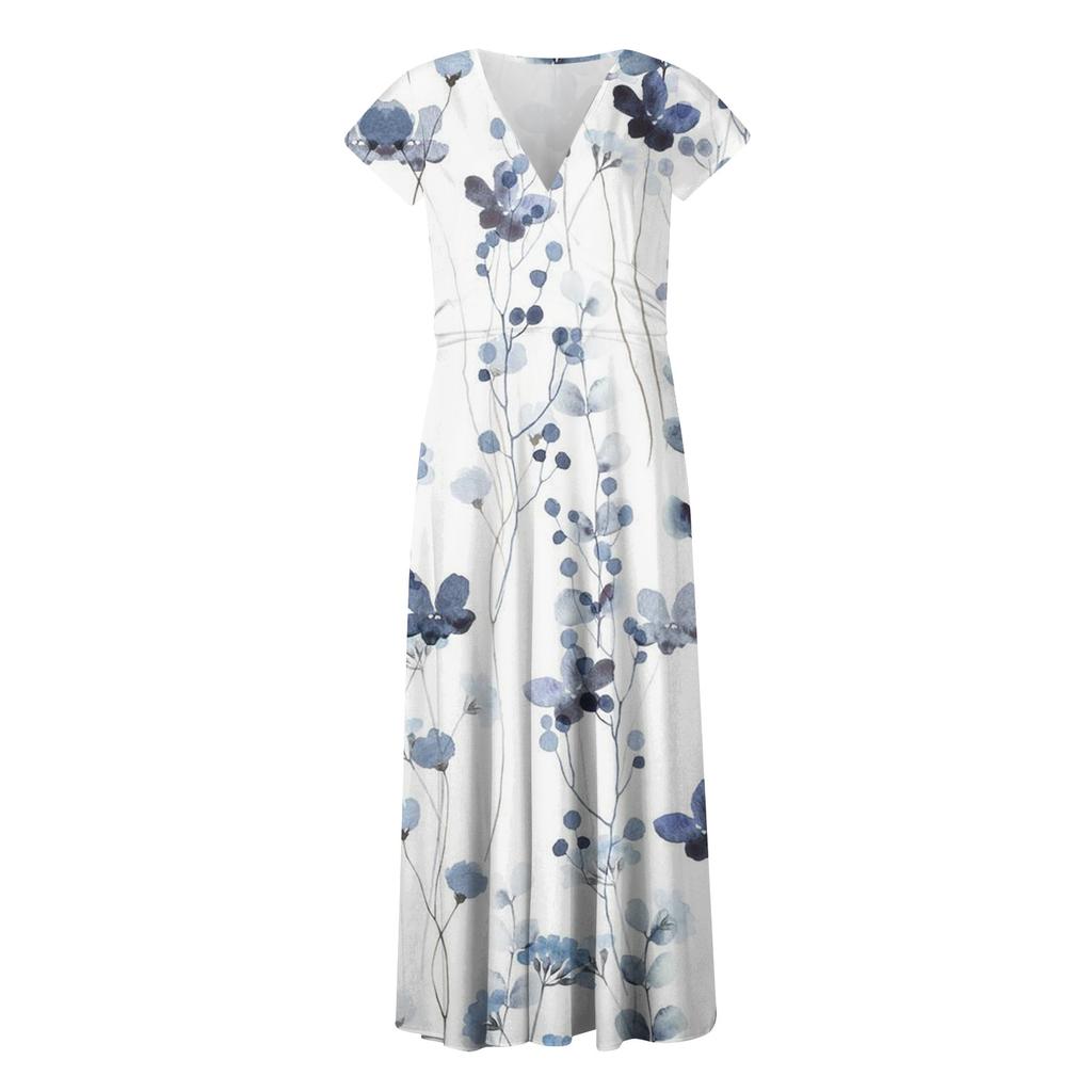 Langes Damenkleid, Maxikleid, Freizeitkleid, Chiffon-Kleider, Swing-Kleid, einfarbig, lässig, reif, Outdoor, Alltag, Date, gerüscht, kurzärmelig, V-Ausschnitt