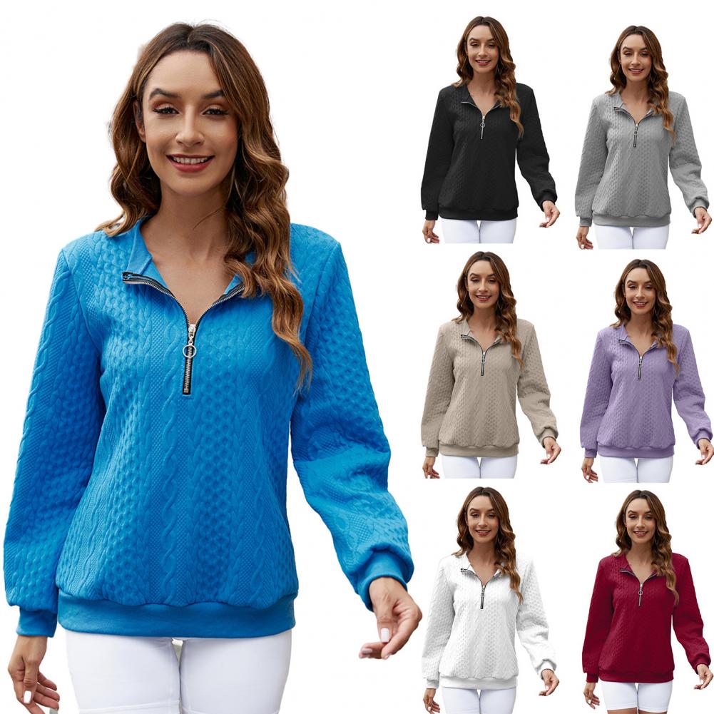 Fall Winter Women Sweatshirt Zipper Turn-down Collar Solid Color Long Sleeve Loose Twisted Texture Thick Warm Pullover Casual La