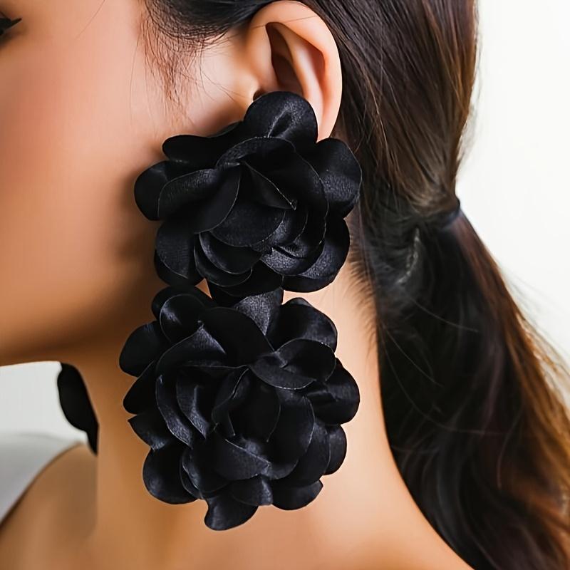Exaggerated Double Fabric Flower Design Dangle Earrings Bohemian Vacation Style Delicate Holiday Ear Ornaments