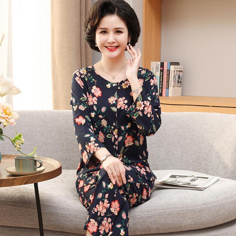 Пижамные штаны, комплект женской домашней одежды, новый цветочный принт, удобный повседневный, дышащий, модный, свободный, большие размеры, пижамные комплекты XL темно-синий