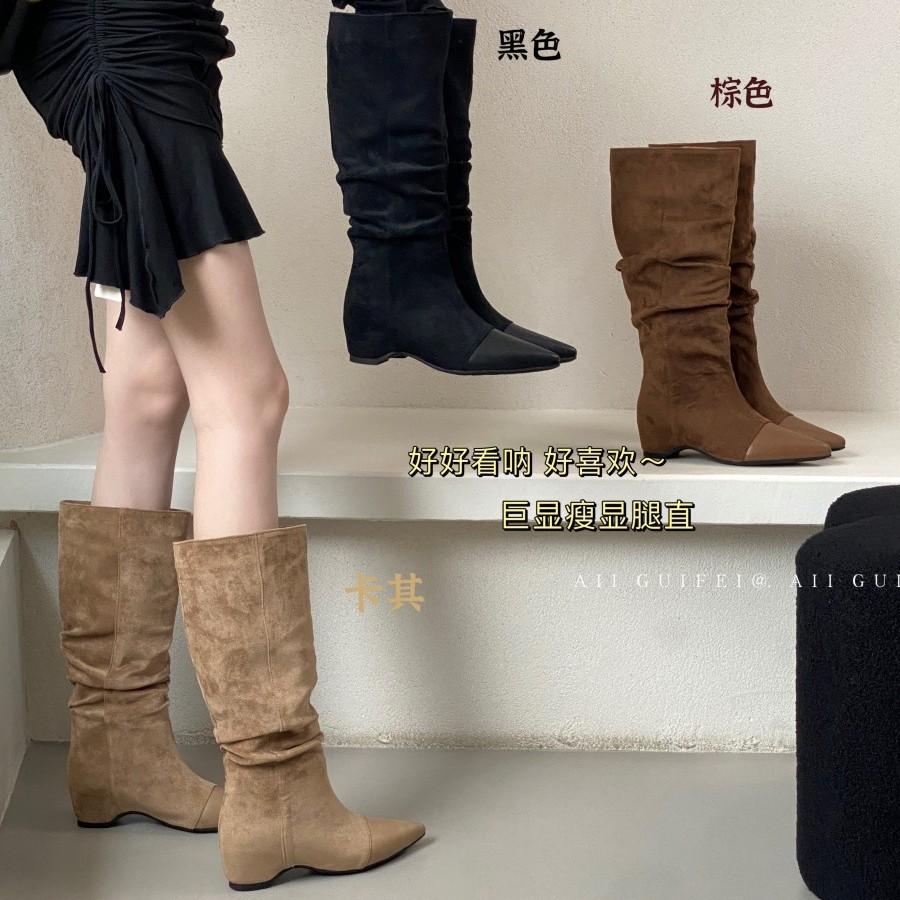 Small man inner height increase but knee boots stacking boots women's boots early autumn retro suede khaki boots western boots