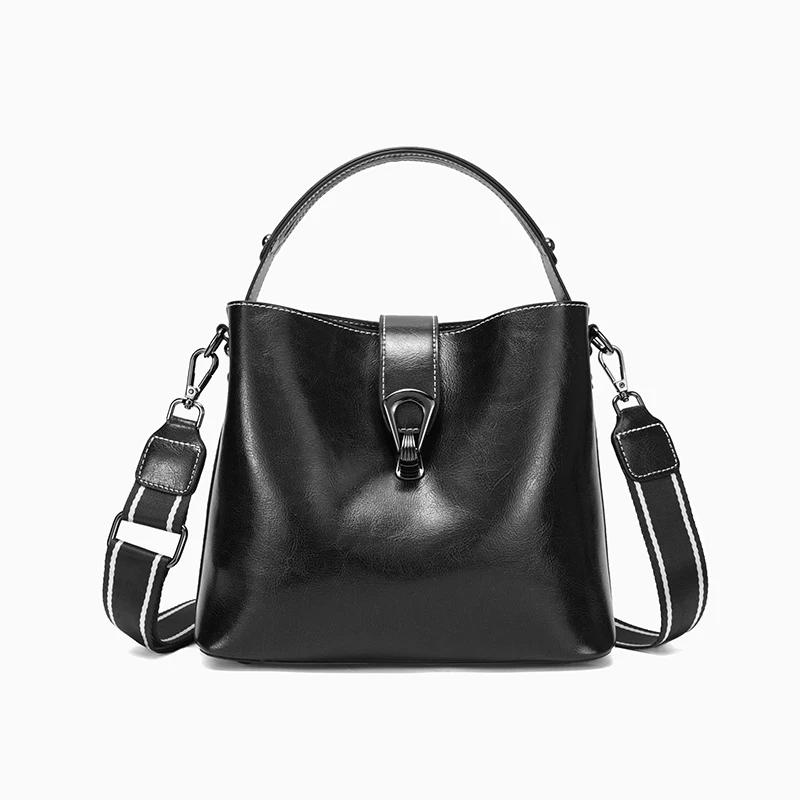 Ladies Cowhide Genuine Leather Bag Women s Retro Versatile Shoulder Handbag Female Commuting  Underarm Bucket Crossbody Bags New 21x10x18cm чёрный