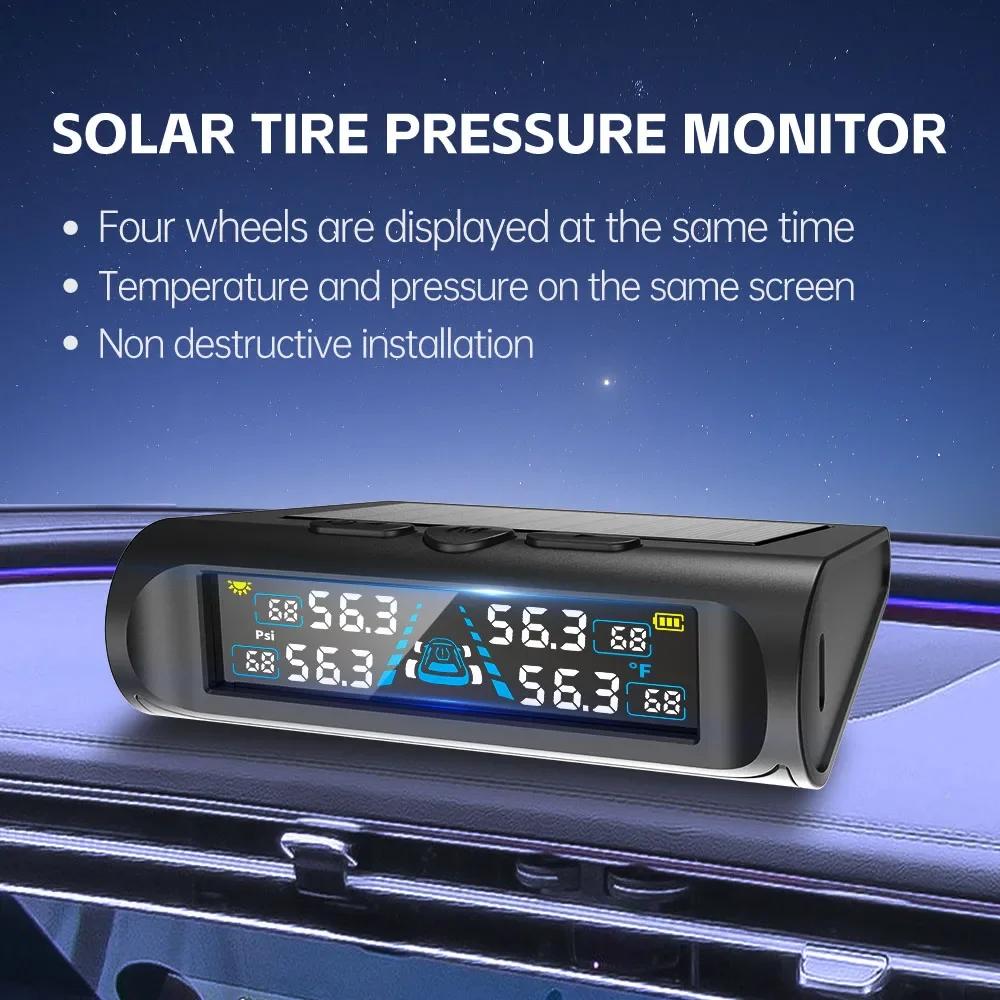 USB/Solar TPMS Temperature Monitor with 4 External Sensors Digital LCD Display 0-6.8Bar T21 Tire Pressure Gauge Car Tyre Monitor
