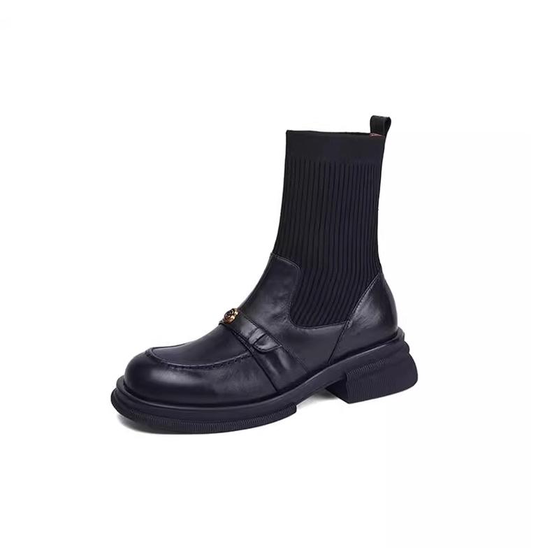 Fashion Women Leather Ankle Boots Knitting Chunky Shoes Woman 2025 Trend Winter Low Heels Fashion Dress Walking Snow Boots Mujer Botas