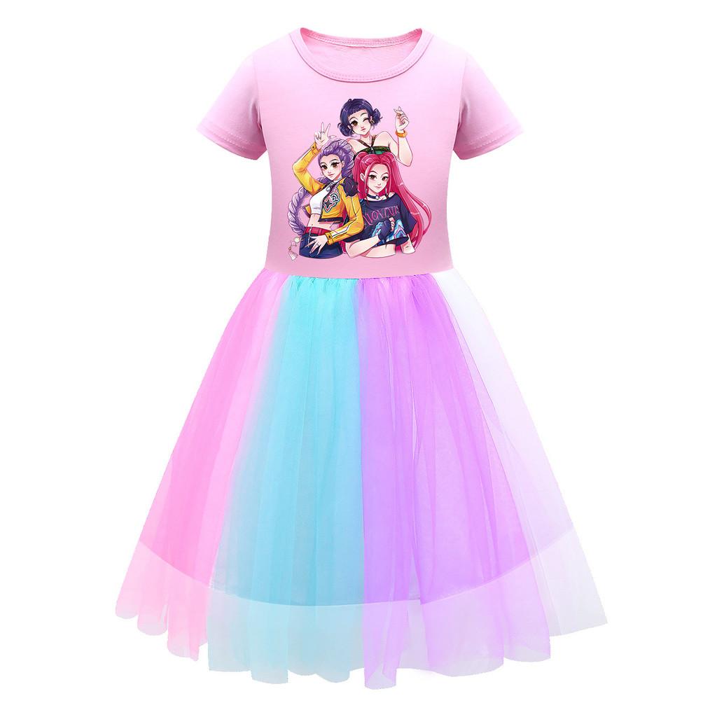 Kids Girls K-POP Rumi Zoey Mira Print Mesh Rainbow Round Neck Short Sleeves Casual Cotton Dress