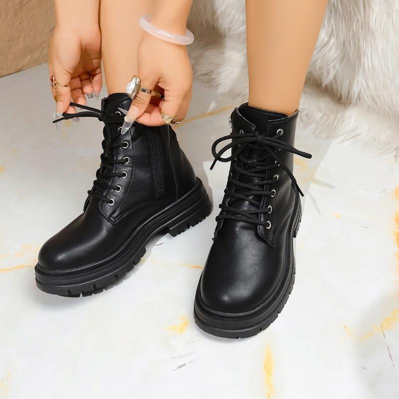 2025 Women's Fashion Boots Round Toe Platform Sole Square Heel Lace-up Short Boots Classic All-match Autumn Winter Women Boots