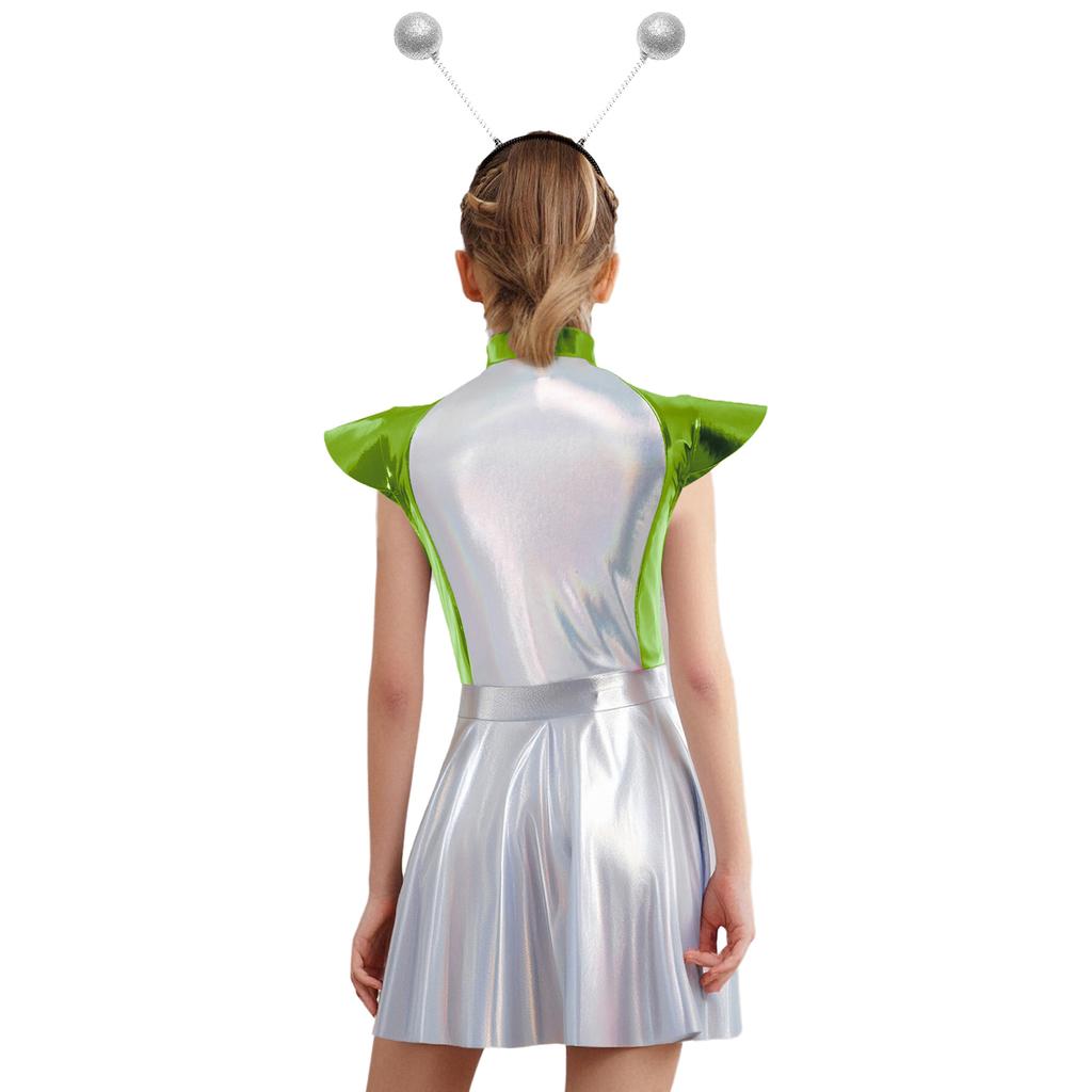 Girls Alien Costume Set Cap Sleeves High Waist Design A-Line Dress Outer Space Cutie Outfit Hair Hoop Included