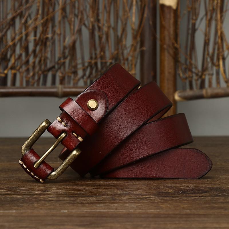 Dámský kožený opasek v korejském stylu, jednoduchý, moderní, retro, první vrstva, čistá hovězí kůže, mosazná přezka, dámský džínový opasek