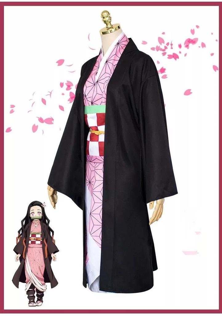 Kamado Nezuko Cosplay Halloween Costume Party Clothes Anime Kimetsu No Yaiba Outfit Wig Shoes Set
