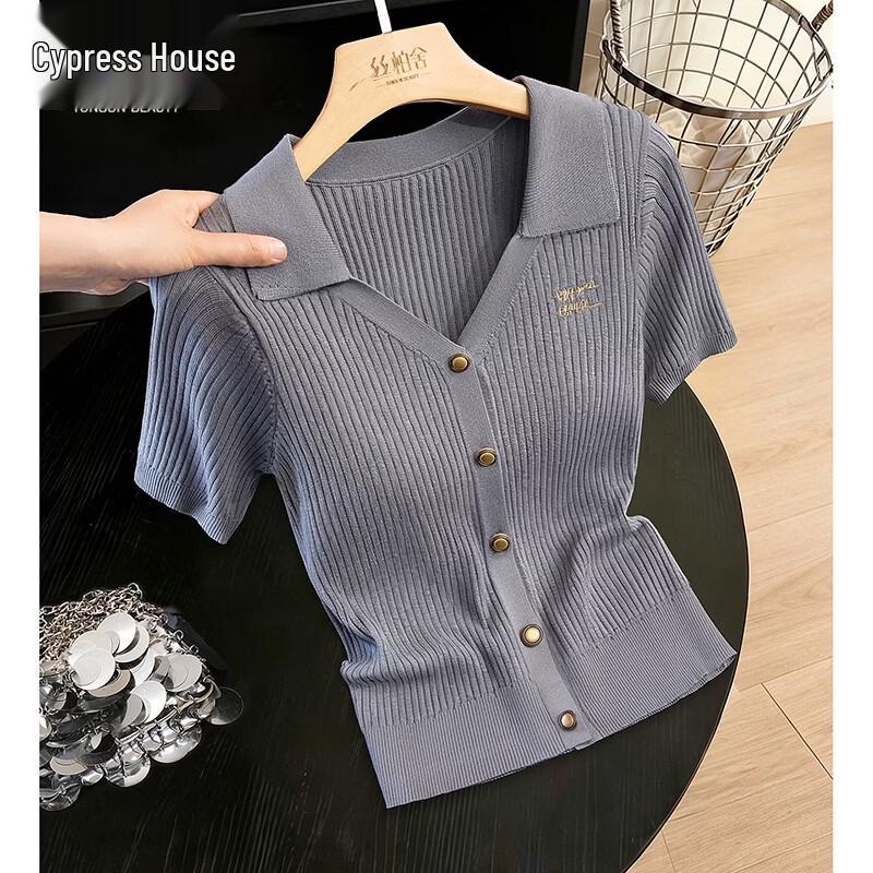 Women s Embroidered Lapel Short-Sleeve Knit Top One Size