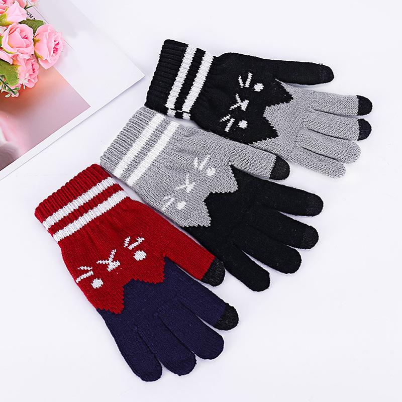 Zimní Kočičí Žakárové Všestranné Zesílené Teplé Pletené Rukavice Hravé Rukavice s Plnými Prsty Roztomilé Vícebarevné