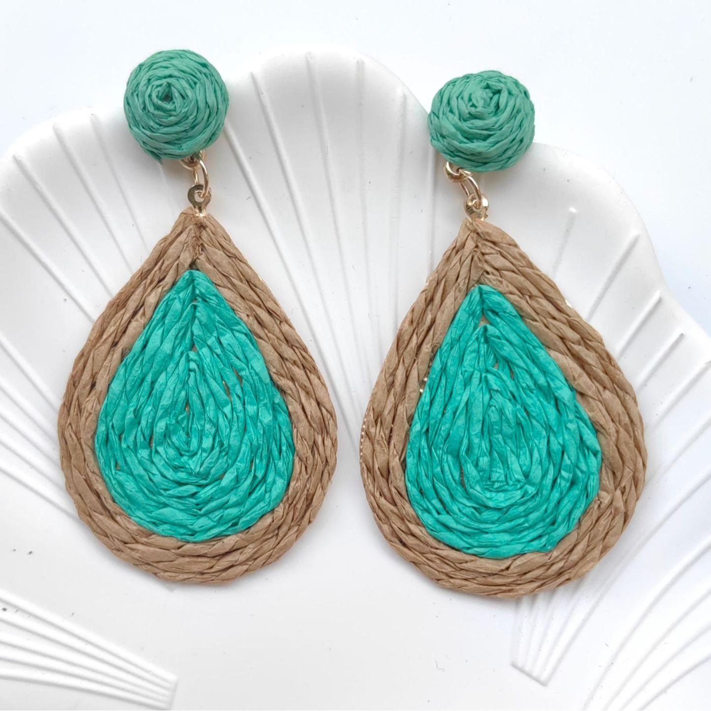 Summer Bohemian Raffia Teardrop Dangle Earrings: Handmade Beach Vacation Style