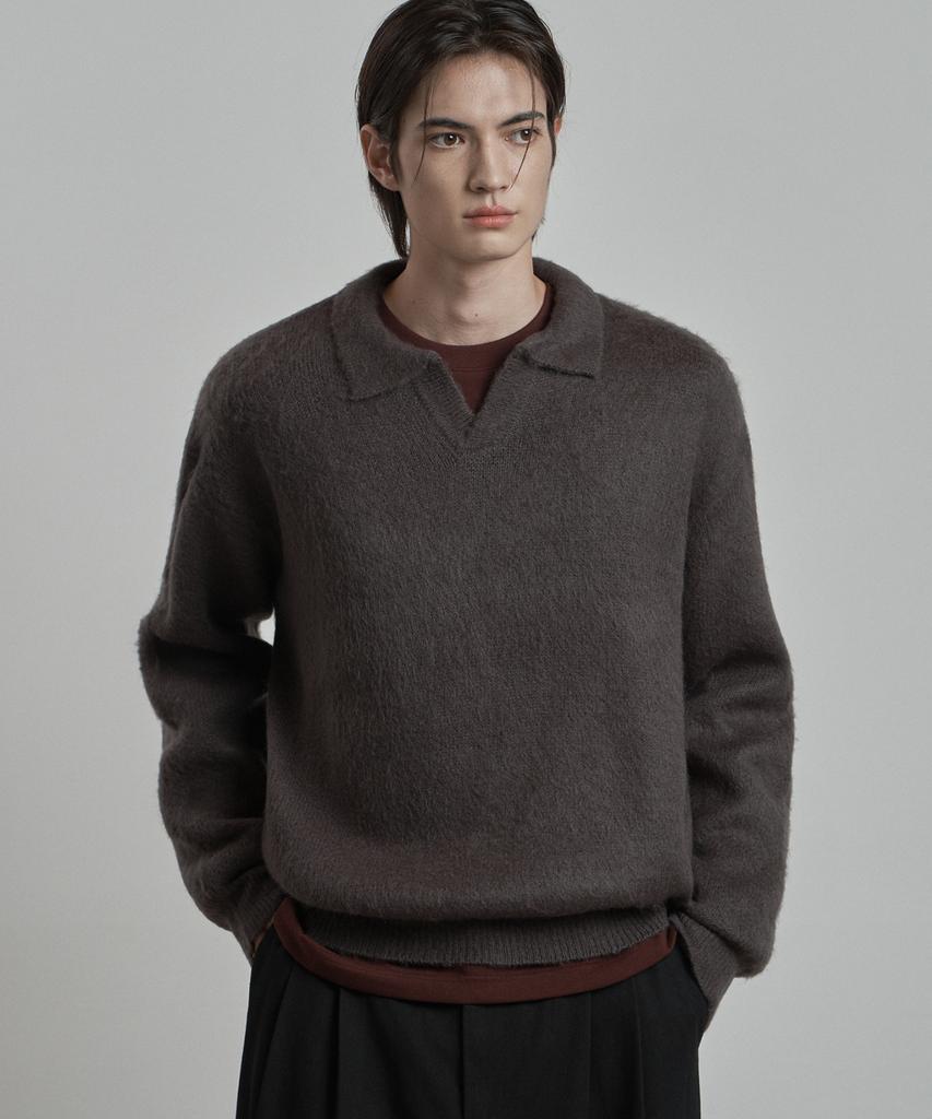 WORK ON BODY OFF Lanugo Semi-Overfit Brush Collar Knit [Charcoal]
