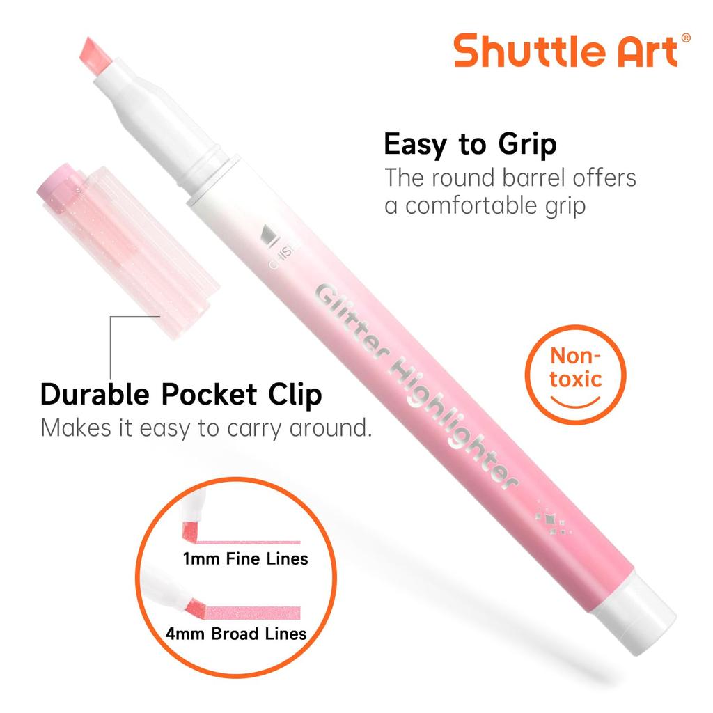 Shuttle Art Glitter Highlighter Pen Set Highlighter Pens with Chisel and Includes Clips for Card DIY and Perfect for and Cute and (10 Pens)