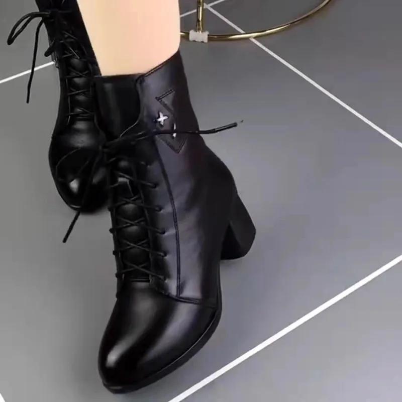 Retro Mid-Calf Boots 2024 Fashion Shoes Female Modern Women's Boots Outdoor Pointed Toe Chunky Heels Side Zip Warm Shoes Women