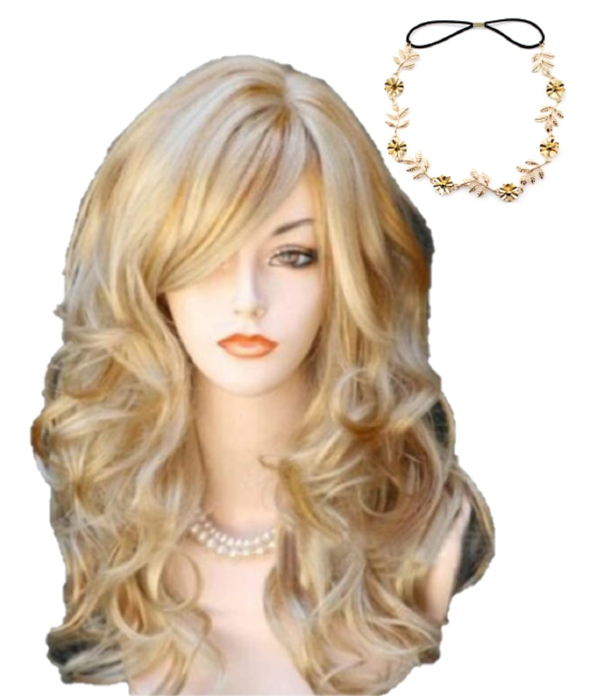 

Goddess Gradient Wig with Gold Leaf Flower Headband Wig, Long, 62cm, Blonde, Curly, Gold/Bronze золотой