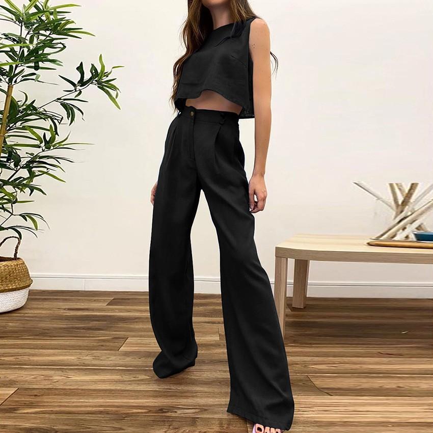 1116 summer new solid color sleeveless vest top trousers European and American fashion women's clothing two-piece set cotton and linen suit women