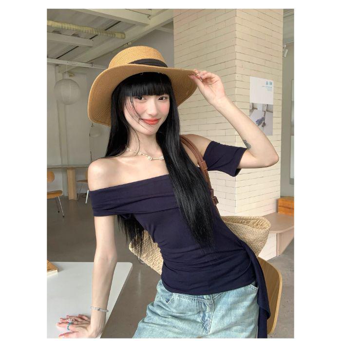 

Черная футболка с открытыми плечами, на ленте, без бретелей - Сексуальный, шикарный, подчеркивающий талию летний топ для женщин XL темно-синий