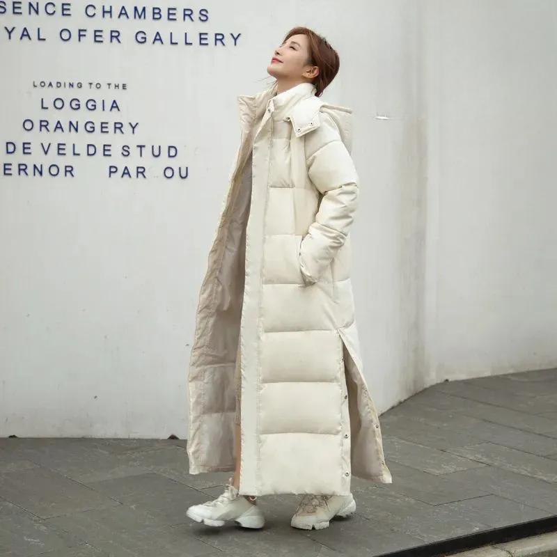 Cotton Coat Long Parka Coat Jacket Women  Autumn Winter Thick Warm Coats Woven Block Trend Hooded White Down Parkas
