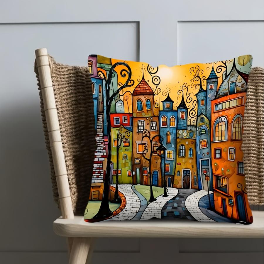 1 Pezzo Federa per Cuscino Decorativa a Tema Città Fantasiosa, Adatta per Divano, Camera da Letto, Soggiorno, Un Regalo Creativo per gli Amanti dell'Arte.