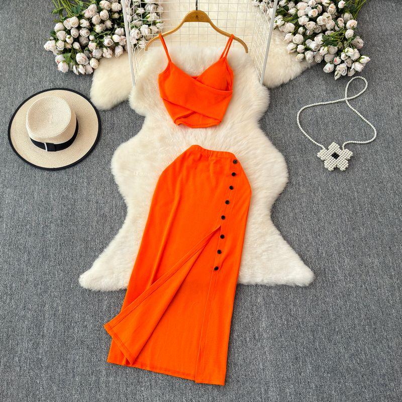 Fashion Suit Women's Summer Sexy Padded Strap Vest Two-Piece Set High Waist Slimming Slit Sheath Skirt
